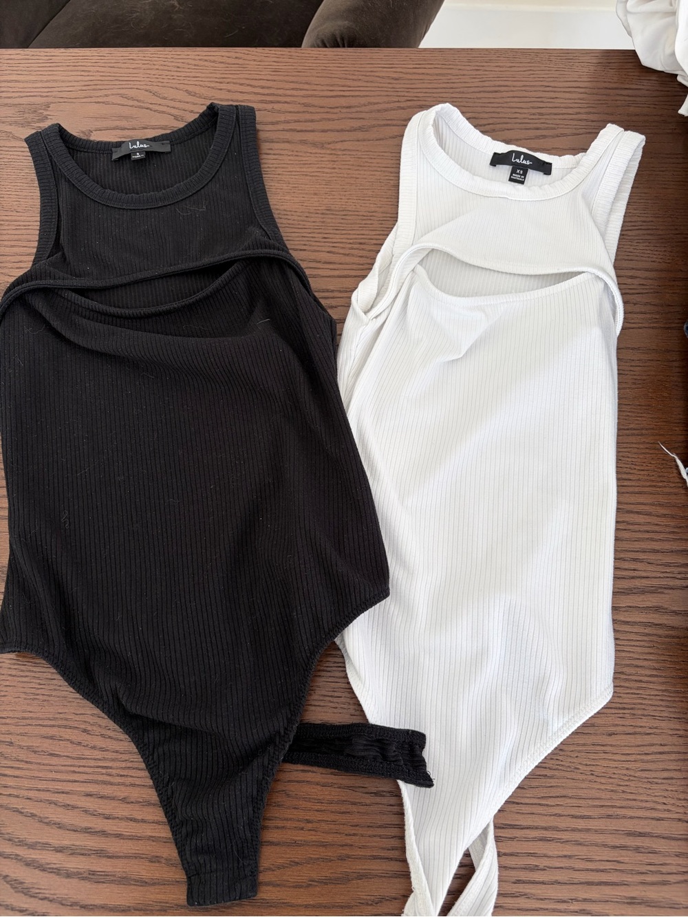 Lulu's Black & White Ribbed Double-Layer Tank Bodysuits